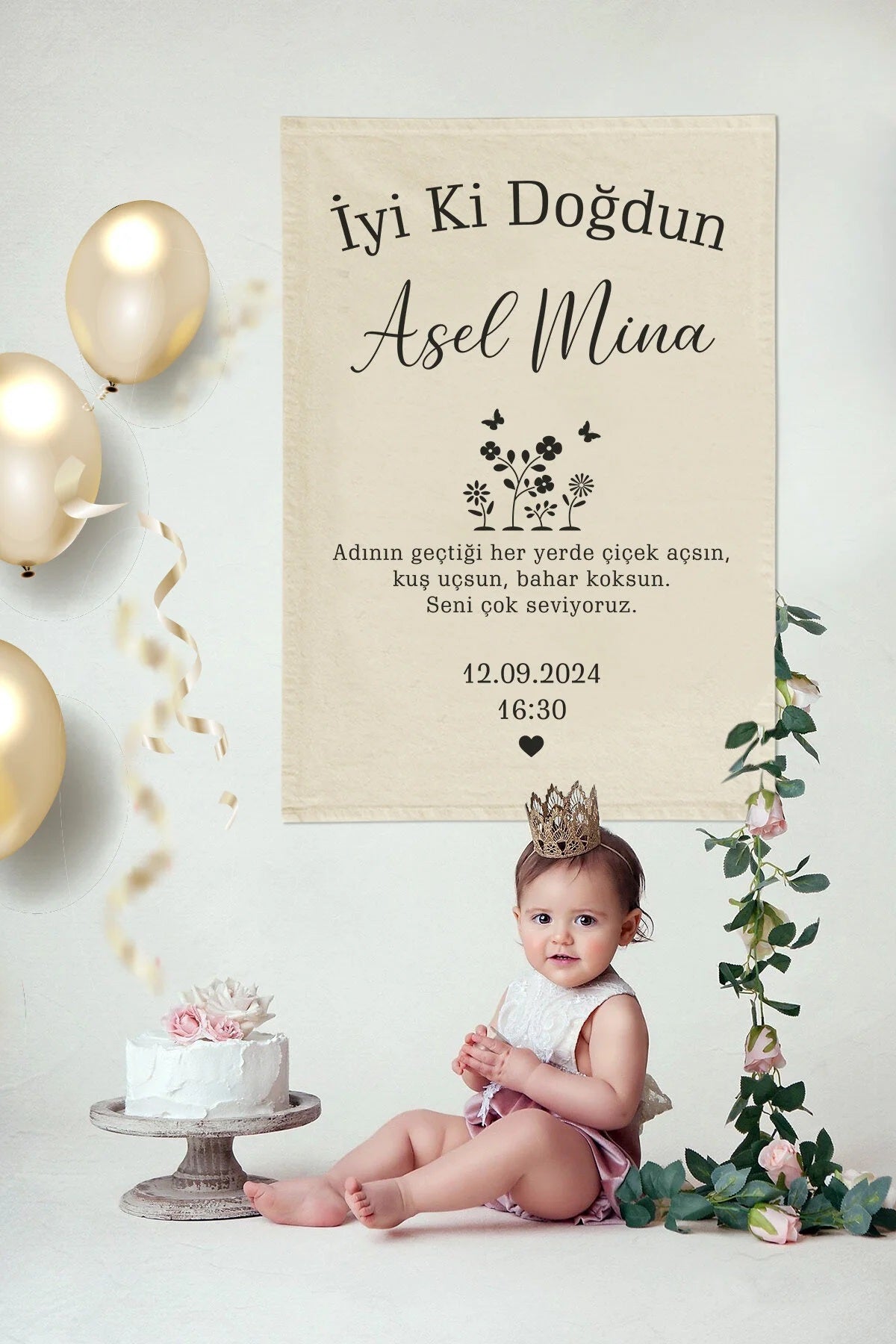 Kişiye Özel Doğum Günü Flaması Pamuk Kanvas Kumaş - Dikey Klasik 102