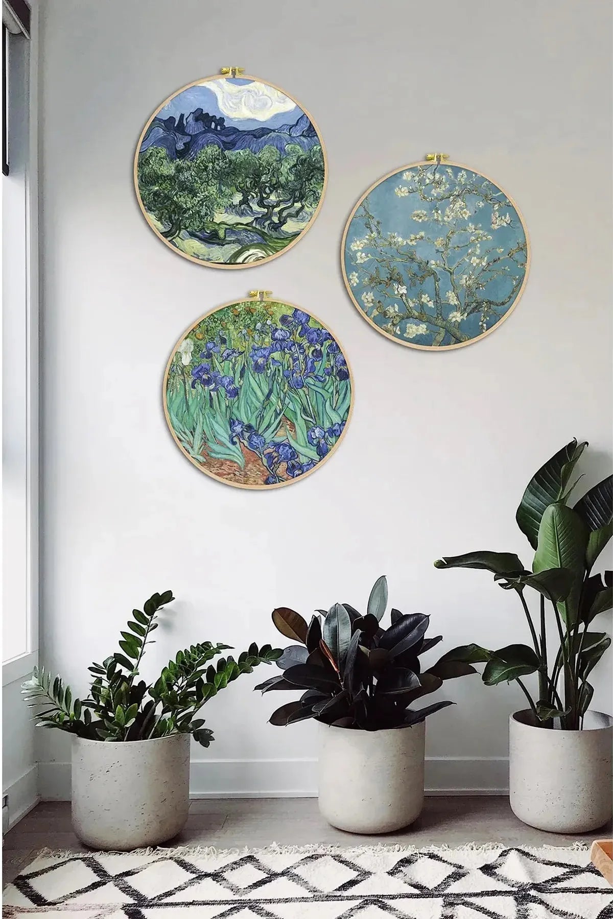 Van Gogh Eserleri v6 Doğal Ahşap Çerçeveli Yuvarlak Tablo Seti 3'lü