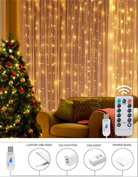 Peri Telli Perde Led Işık 3x1 Metre Kumandalı USB’li – 8 Farklı Animasyon Modu