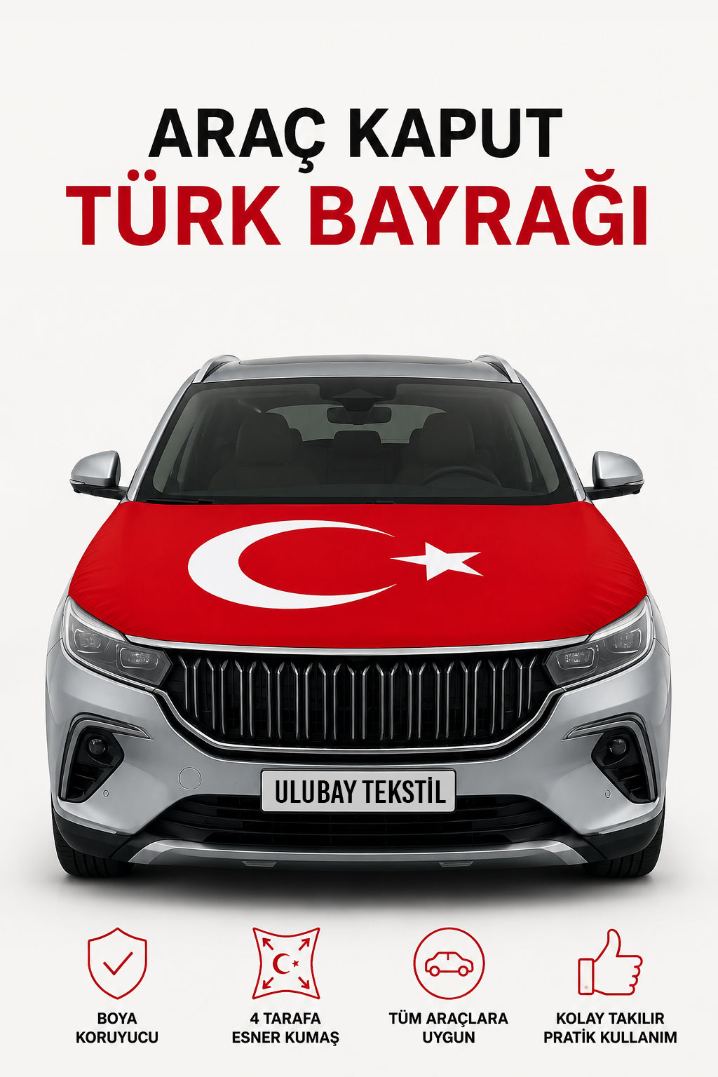 Araç Kaput Türk Bayrağı, Tüm Araçlarla Uyumlu Lastikli Esnek Kumaş