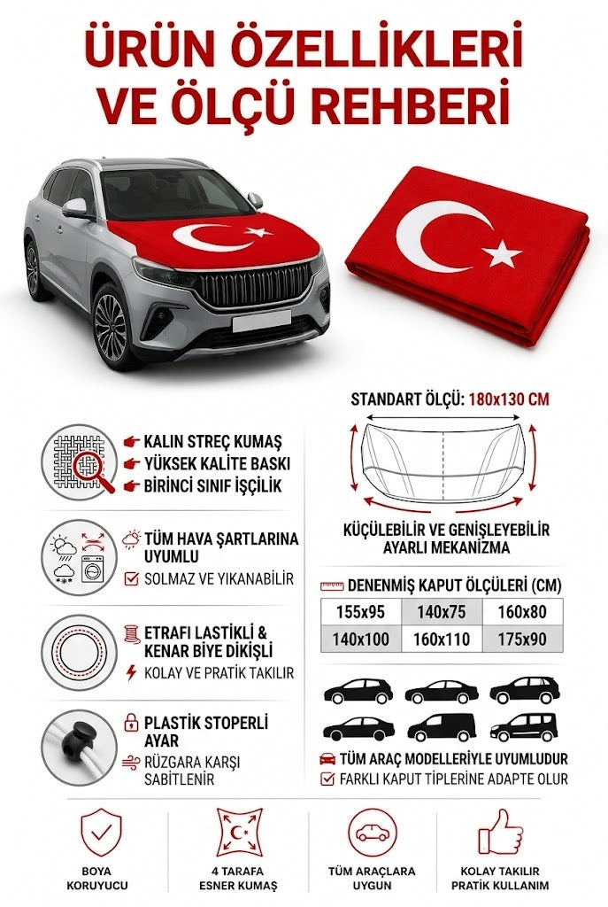 Araç Kaput Türk Bayrağı, Tüm Araçlarla Uyumlu Lastikli Esnek Kumaş