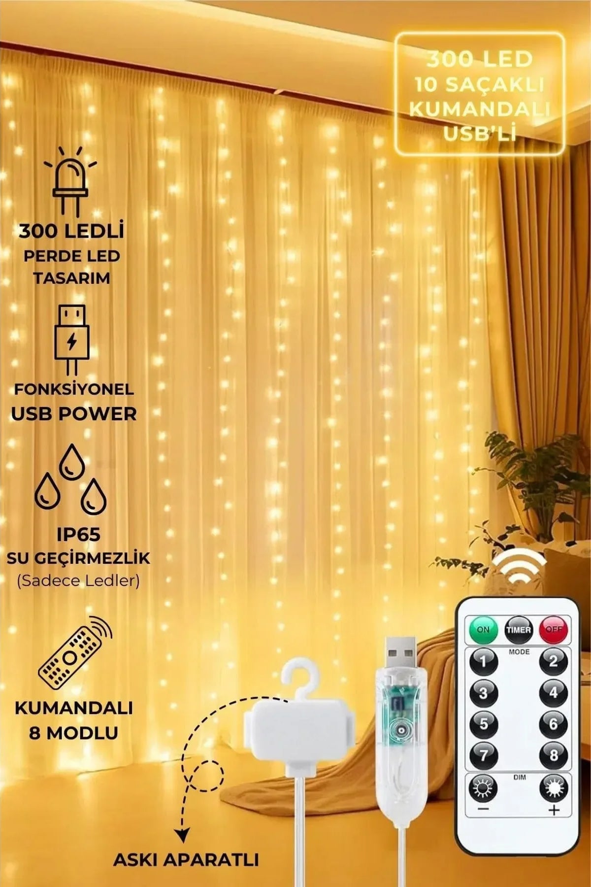 Perde Led Işık 3x3 Metre Kumandalı USB’li – 8 Farklı Animasyon Modu (Piller Dahil)