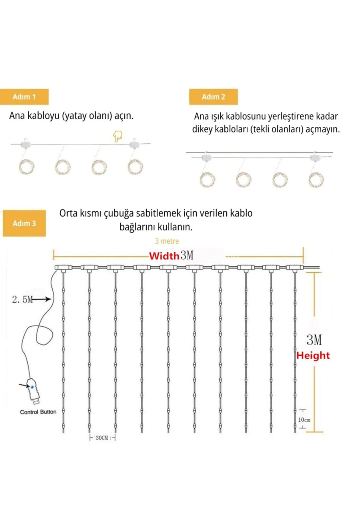 Perde Led Işık 3x3 Metre Kumandalı USB’li – 8 Farklı Animasyon Modu (Piller Dahil)