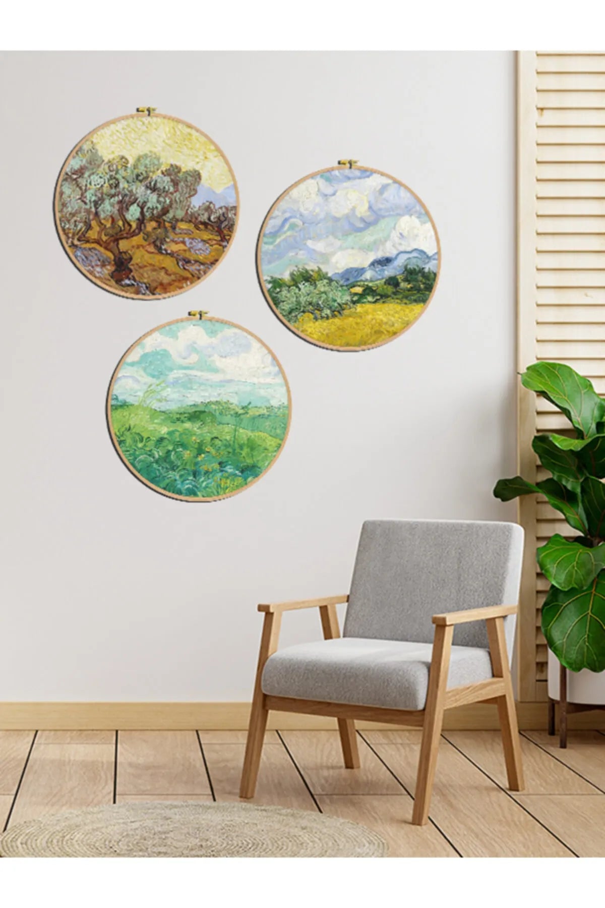 Van Gogh Eserleri Doğal Ahşap Çerçeveli 3'lü Yuvarlak Tablo Seti