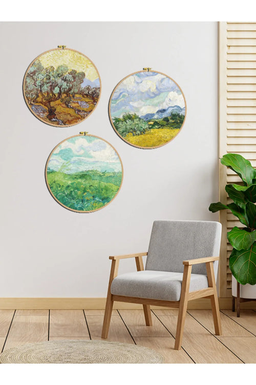 Van Gogh Eserleri Doğal Ahşap Çerçeveli 3'lü Yuvarlak Tablo Seti
